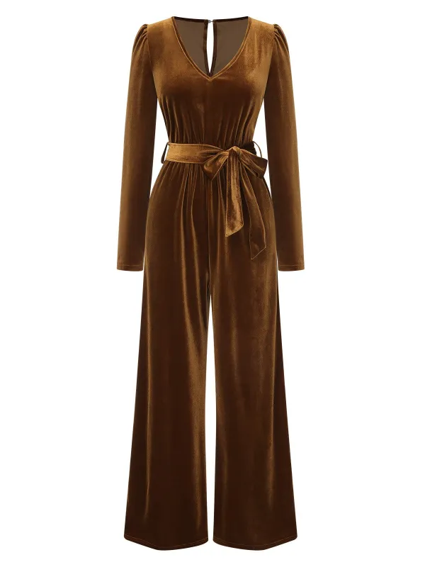 Dark Brown 1930s Solid V-Neck Velvet Jumpsuit sold by Retro Stage