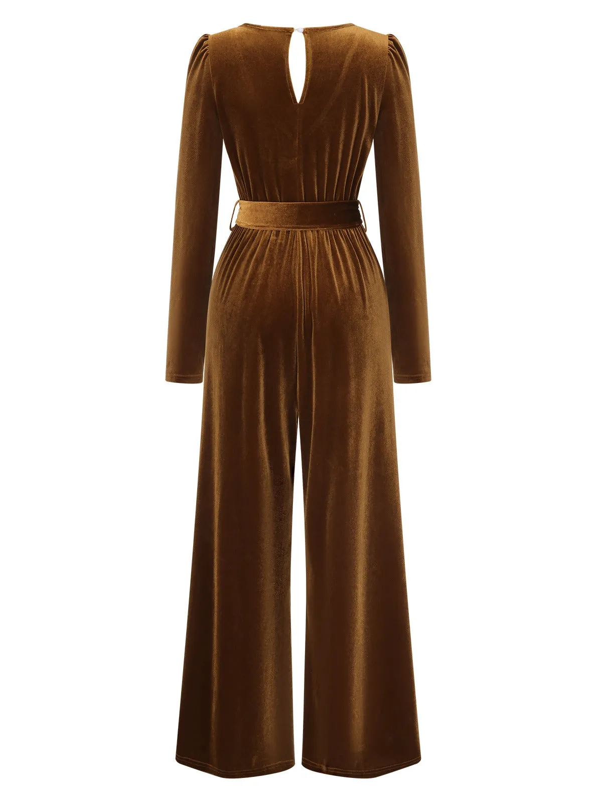 Dark Brown 1930s Solid V-Neck Velvet Jumpsuit sold by Retro Stage product image thumbnail 2