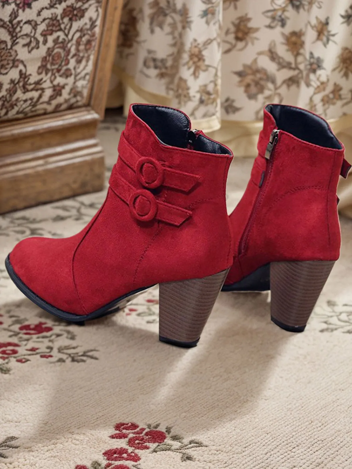 Wine Red Vintage Flannelette High Heel Boots sold by Retro Stage product image thumbnail 2