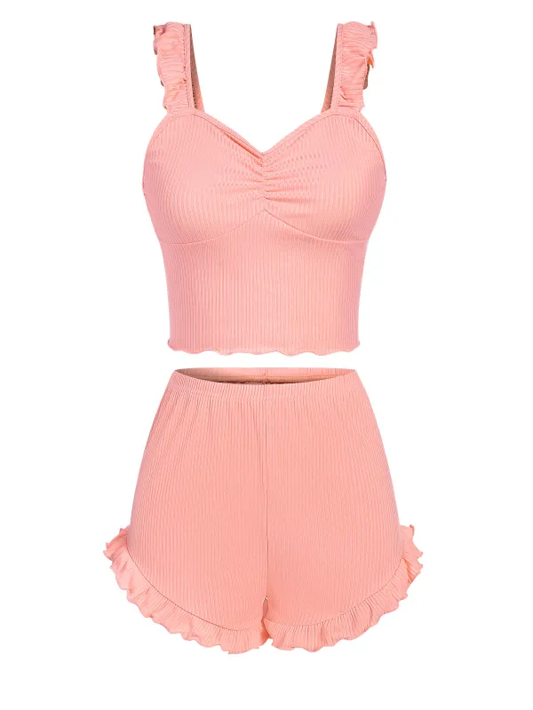 Pink 1930s Solid Ruffles Straps Pajamas sold by Retro Stage