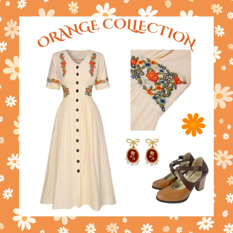 Pure Cotton Beige 1940s V-Neck Floral Dress sold by Retro Stage