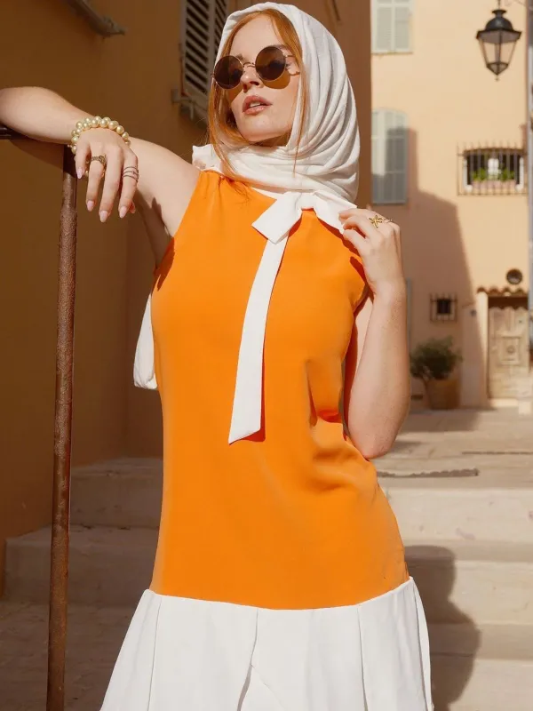 Orange 1960s Crew Bowknot Sleeveless Dress sold by Retro Stage