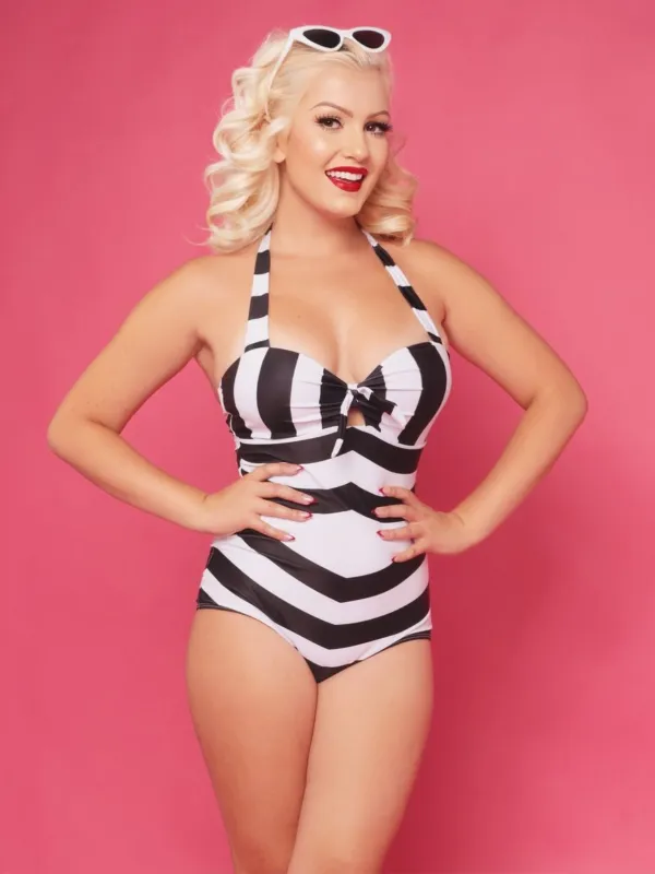 Black & White 1950s Barbie Stripes Halter Swimsuit sold by Retro Stage