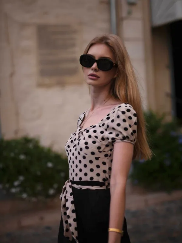 Beige 1930s Polka Dots Sweetheart Neck Jumpsuit sold by Retro Stage