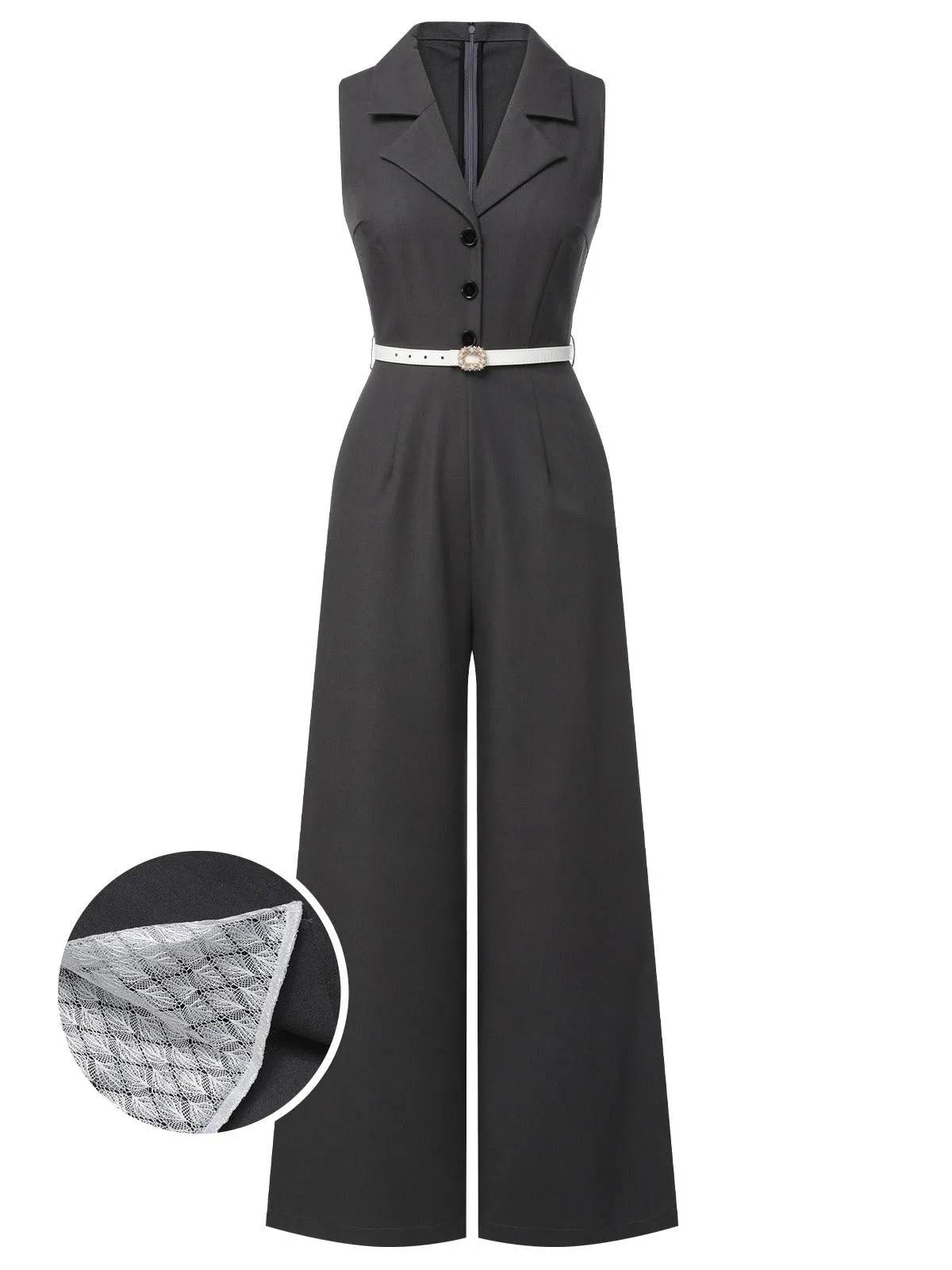 Gray 1940s V-Neck Lapel Lace-Patchwork Jumpsuit sold by Retro Stage product image thumbnail 2