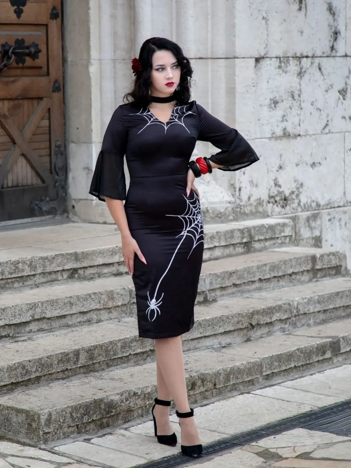 Black 1960s Halloween Spider Net Bell Pencil Dress sold by Retro Stage