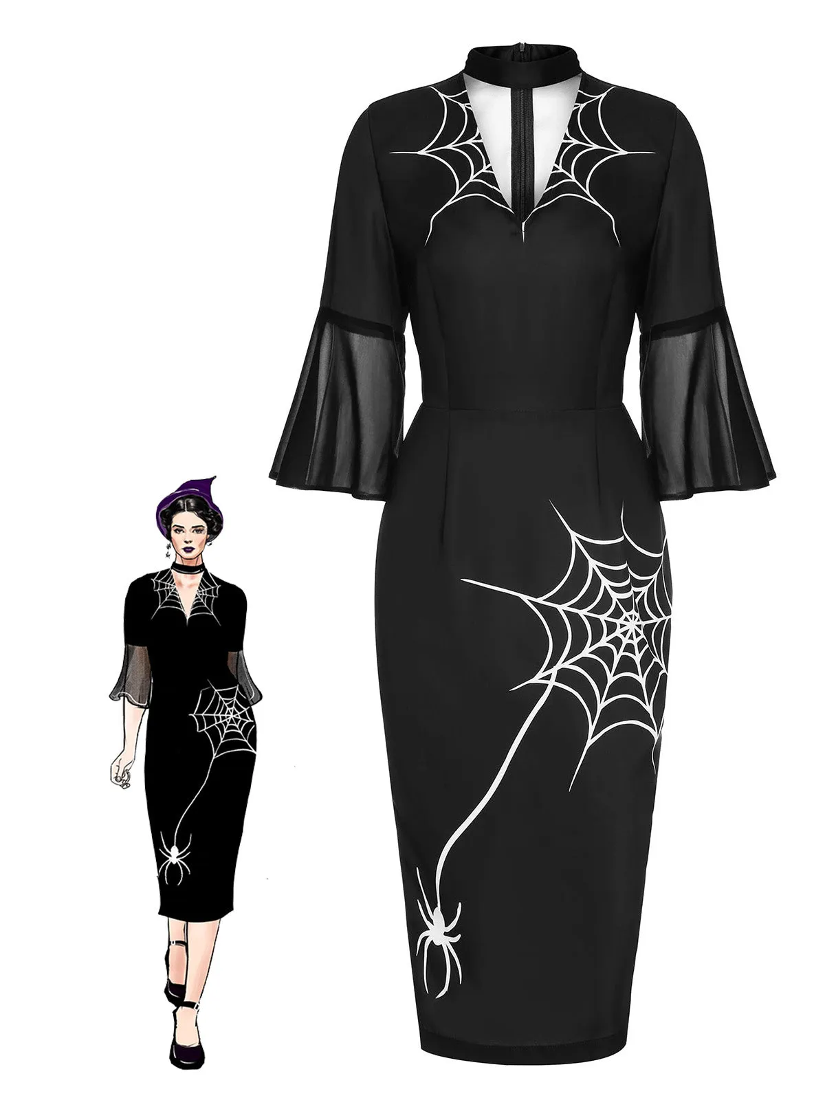Black 1960s Halloween Spider Net Bell Pencil Dress sold by Retro Stage product image thumbnail 2