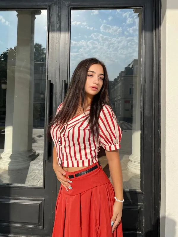 2PCS Orange Red 1950s Striped Blouse & Pleated Skirt sold by Retro Stage