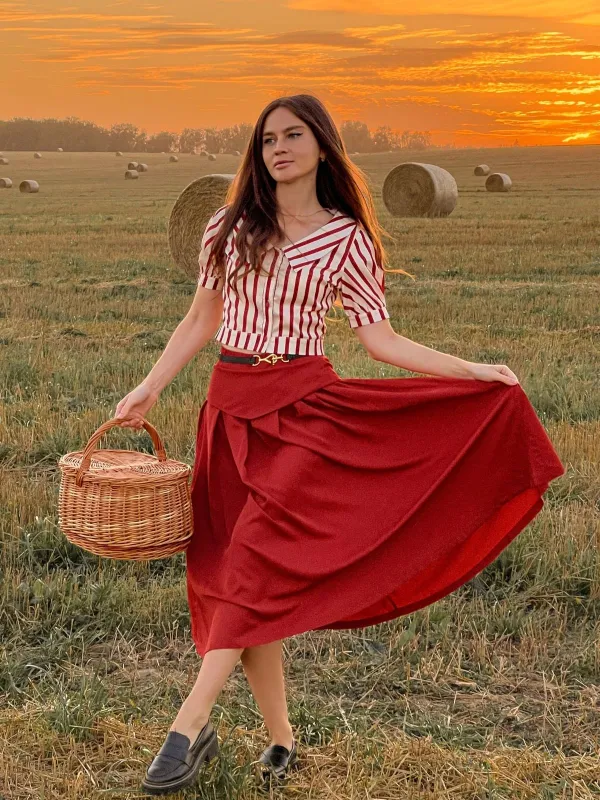 2PCS Orange Red 1950s Striped Blouse & Pleated Skirt sold by Retro Stage