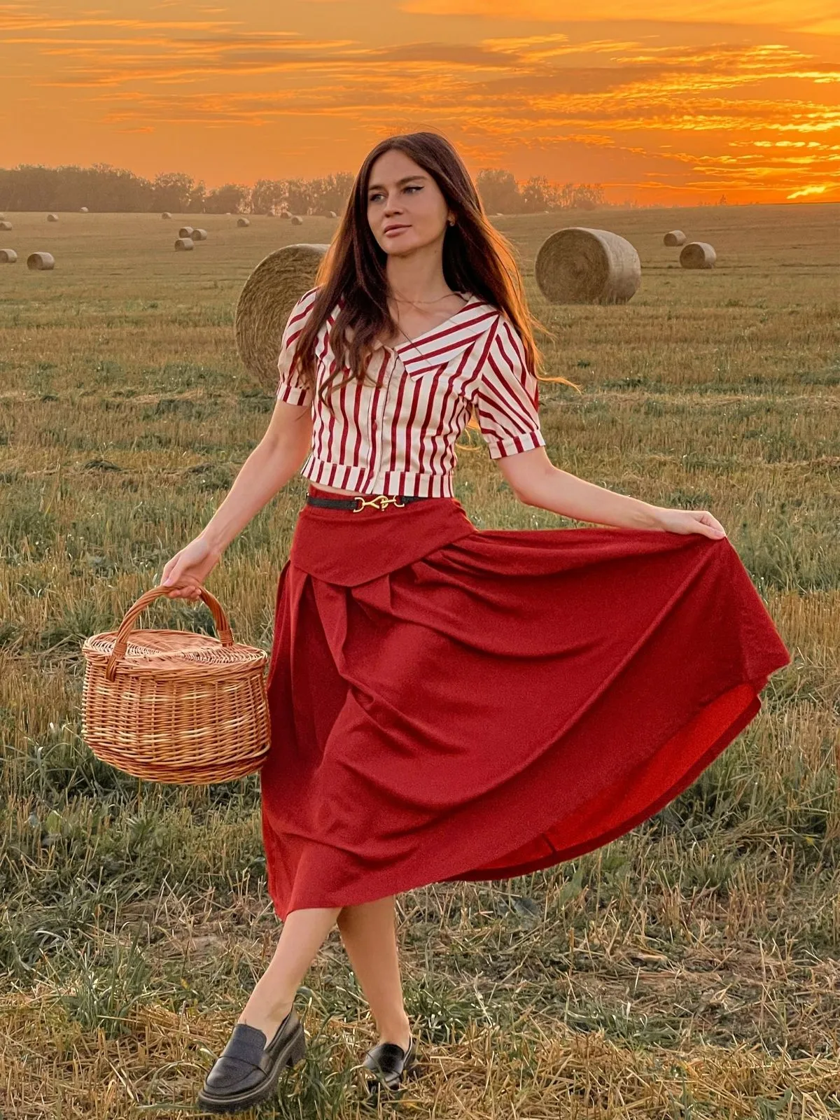2PCS Orange Red 1950s Striped Blouse & Pleated Skirt sold by Retro Stage
