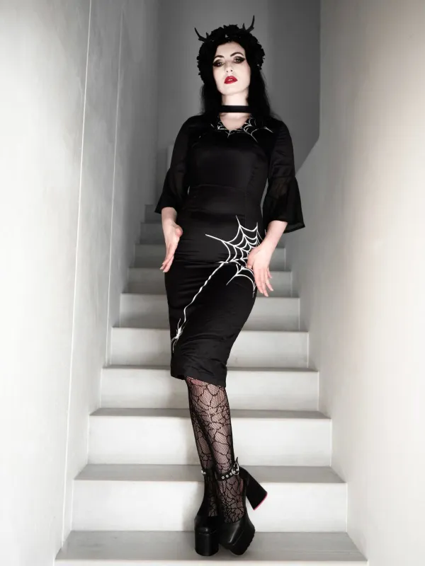 Black 1960s Halloween Spider Net Bell Pencil Dress sold by Retro Stage