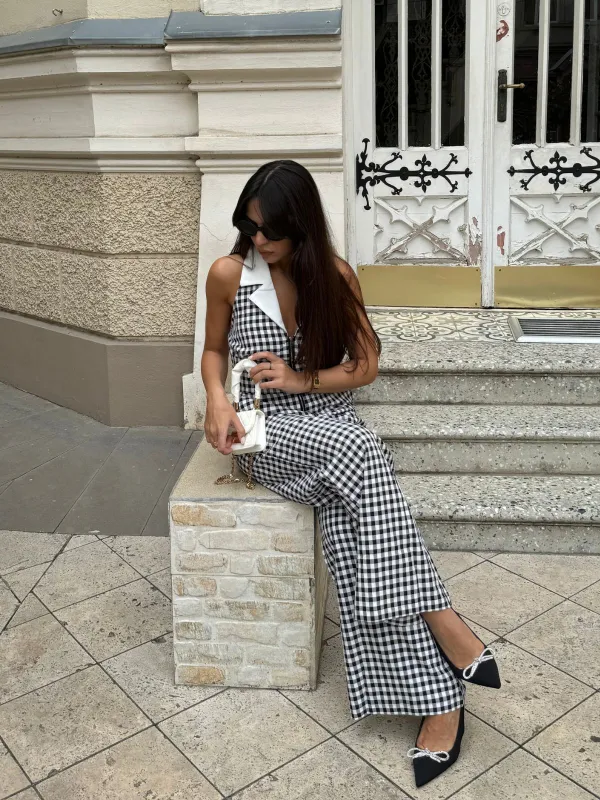 Black White 1940s Plaid Lapel Halter Jumpsuit sold by Retro Stage
