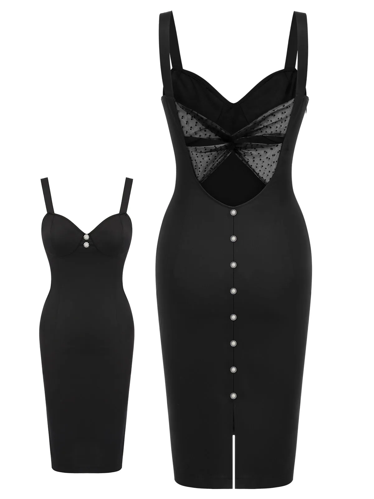 Black 1960s Solid Pearl Buttons Suspender Dress sold by Retro Stage product image thumbnail 3