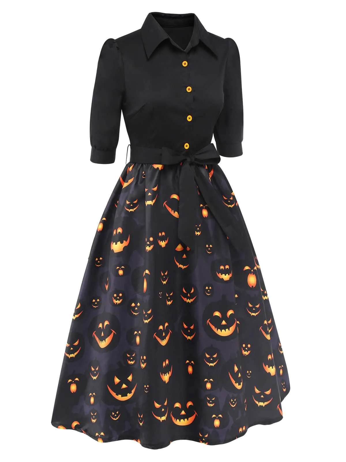Black 1940s Halloween Lapel Pumpkin Belted Dress sold by Retro Stage product image thumbnail 4