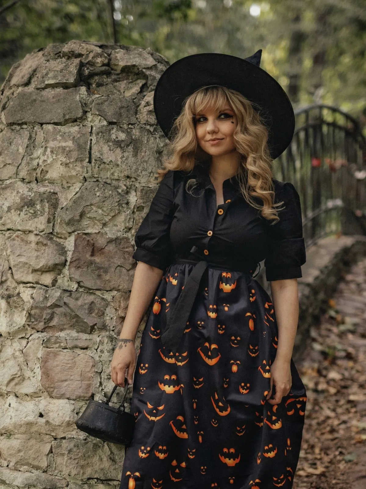 Black 1940s Halloween Lapel Pumpkin Belted Dress sold by Retro Stage