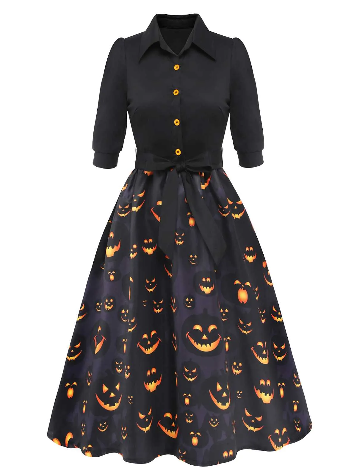 Black 1940s Halloween Lapel Pumpkin Belted Dress sold by Retro Stage product image thumbnail 3