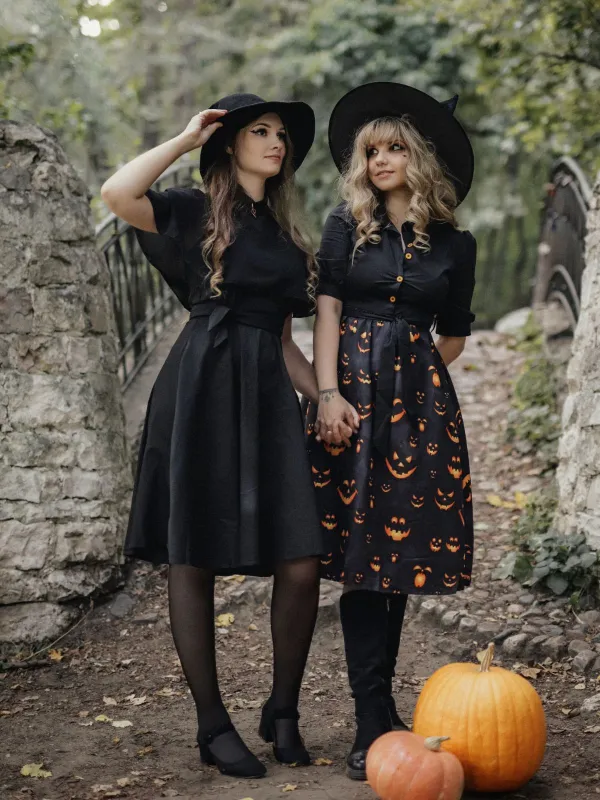 Black 1940s Halloween Lapel Pumpkin Belted Dress sold by Retro Stage