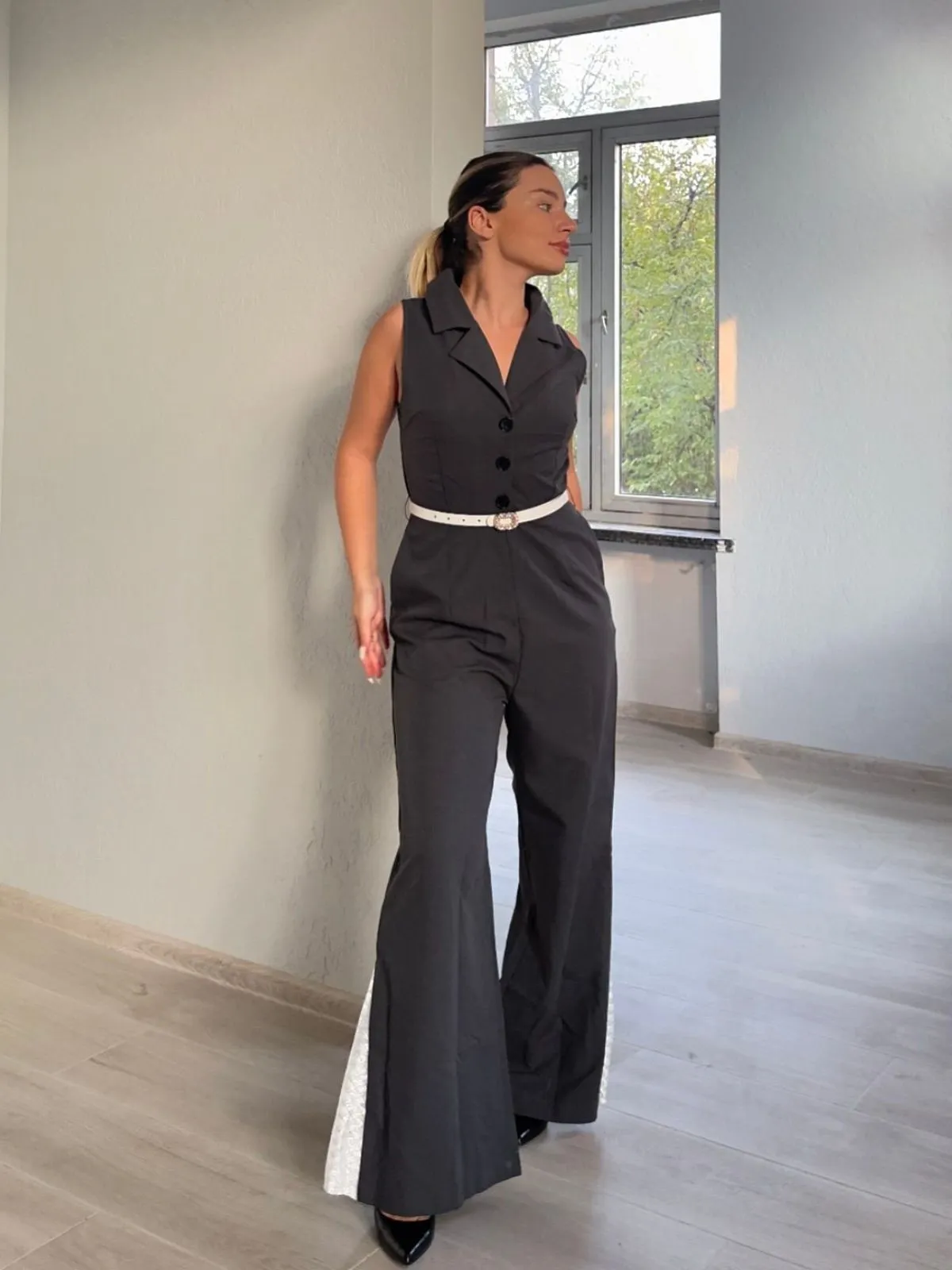 Gray 1940s V-Neck Lapel Lace-Patchwork Jumpsuit sold by Retro Stage