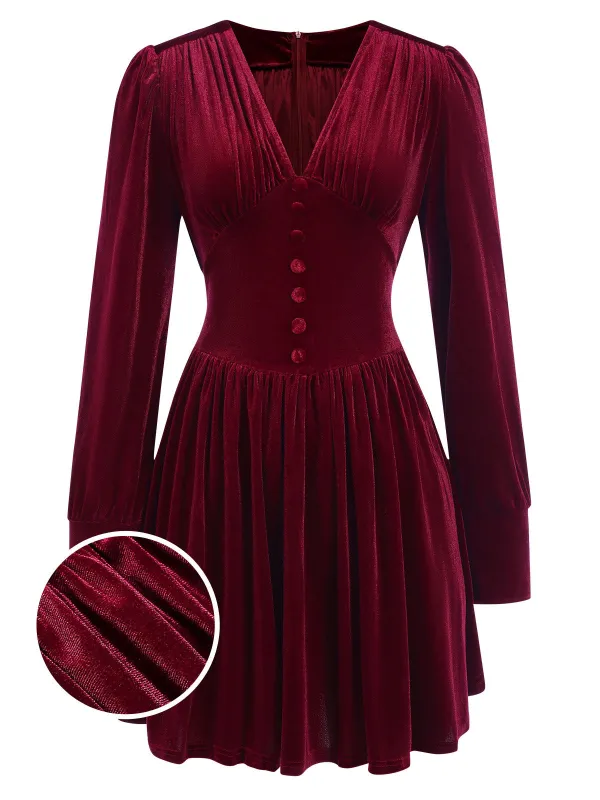 [Pre-Sale] Wine Red 1940s Solid V-Neck Velvet Party Dress sold by Retro Stage