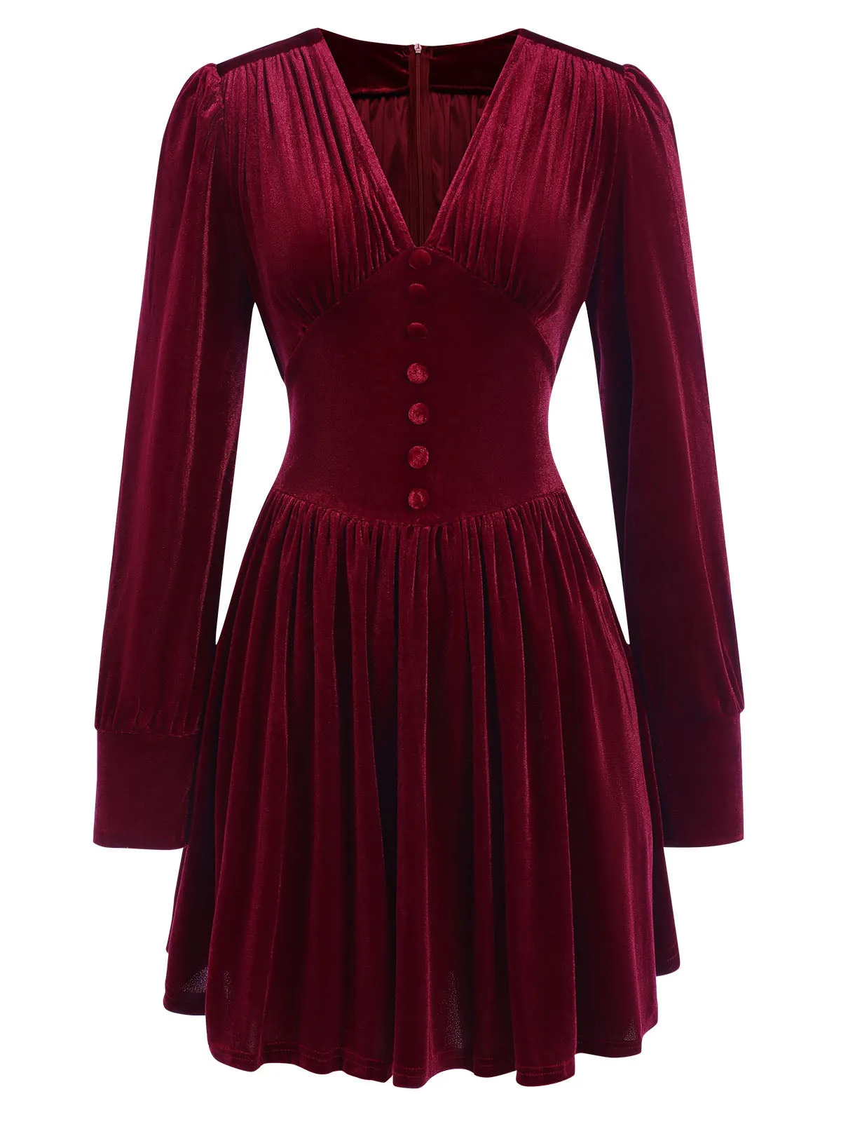 Wine Red 1940s Solid V-Neck Velvet Party Dress sold by Retro Stage product image thumbnail 2