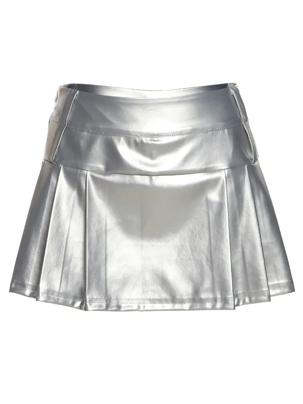 Silver 1980s Steampunk Solid Pleated Skirt sold by Retro Stage