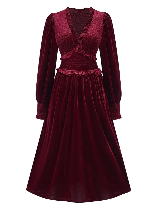 Wine Red 1940s Long Sleeves Velvet Ruched Dress sold by Retro Stage