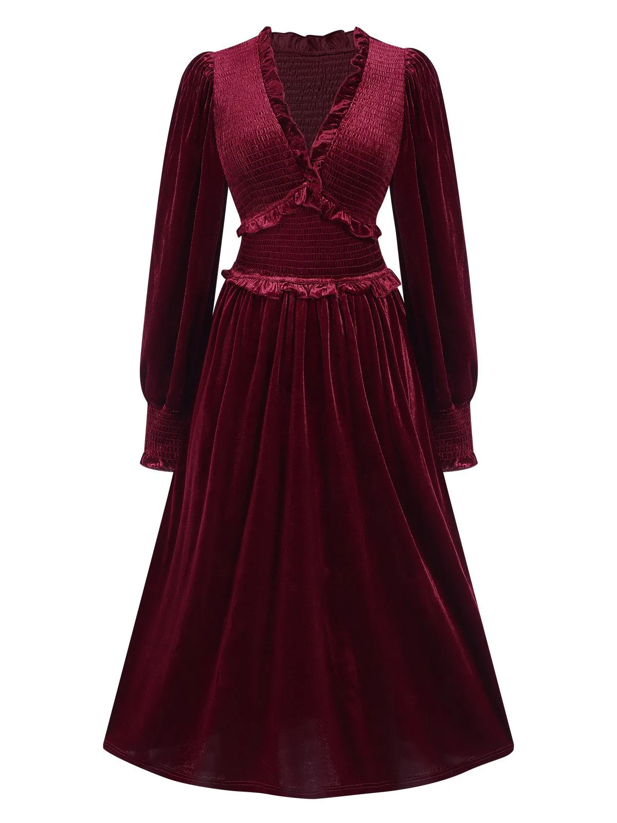 Wine Red 1940s Long Sleeves Velvet Ruched Dress sold by Retro Stage
