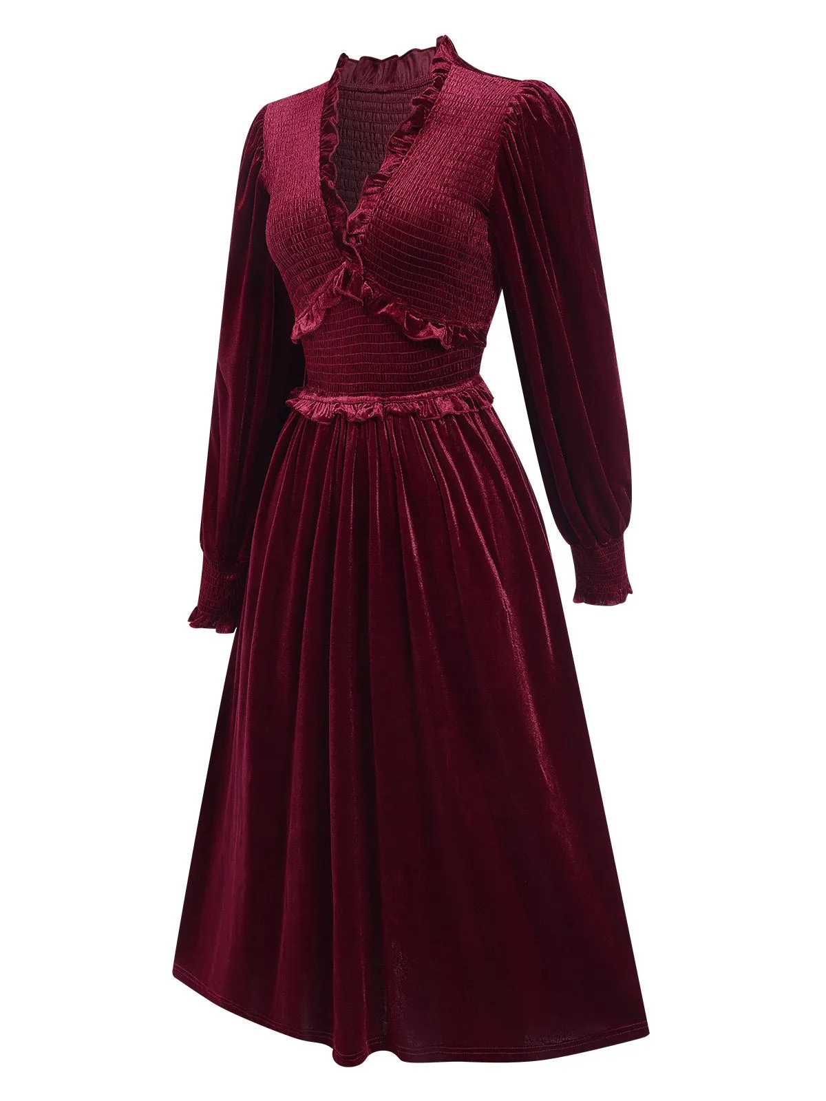 Wine Red 1940s Long Sleeves Velvet Ruched Dress sold by Retro Stage product image thumbnail 3