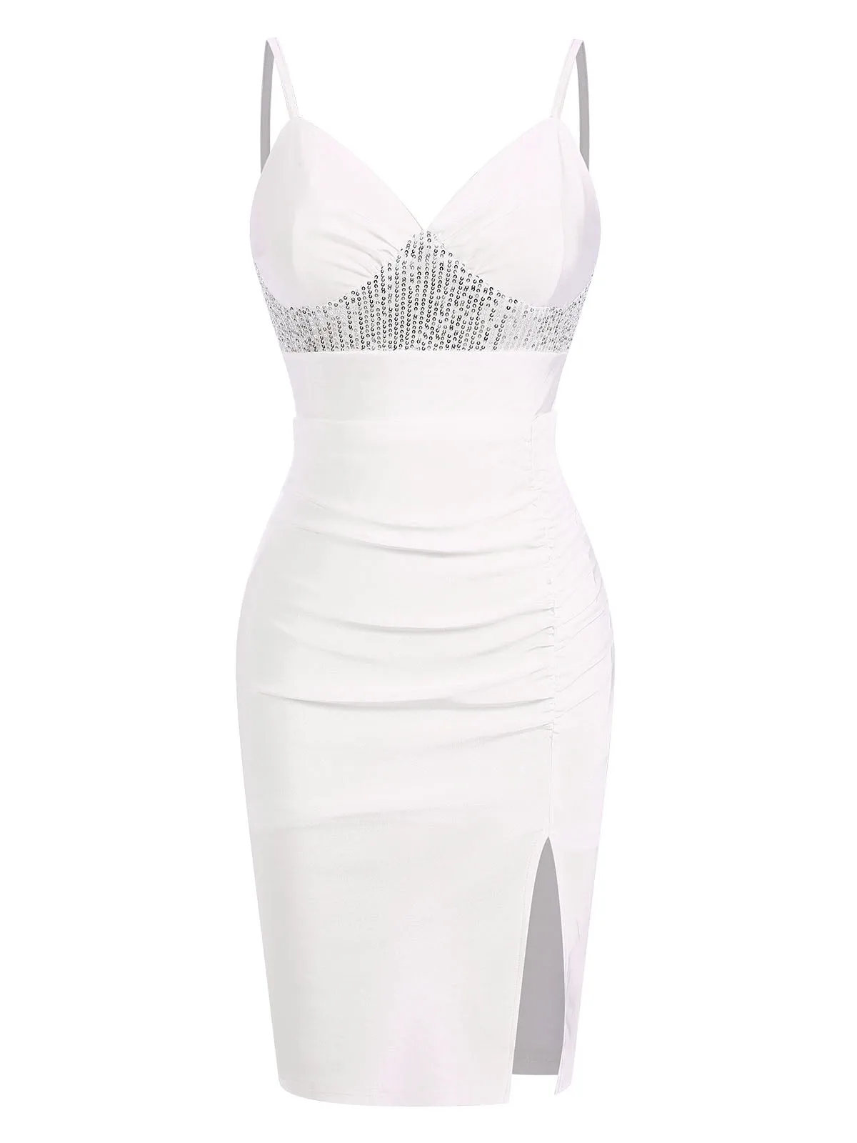 White 1960s Sequins Splicing Slit Dress sold by Retro Stage