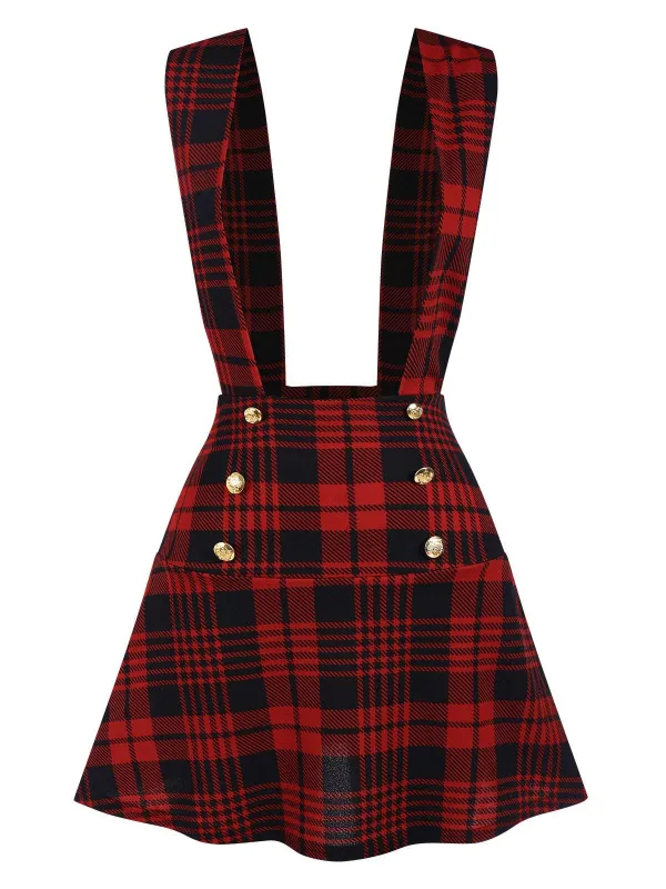 Red 1980s Scottish Plaid Overall skirt sold by Retro Stage