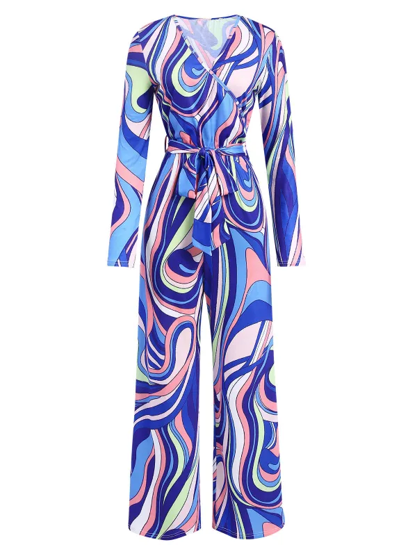 Blue 1980s Psychedelic Print Tie-Waist Jumpsuit sold by Retro Stage