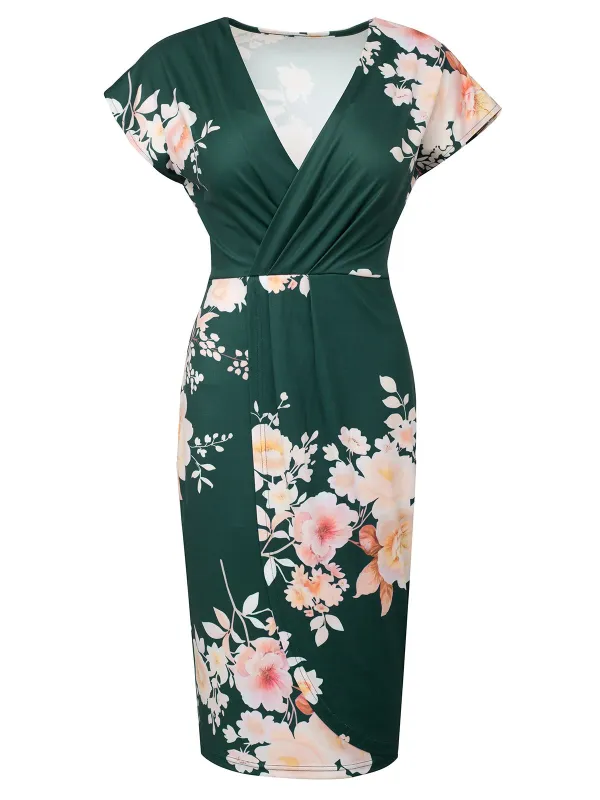 Green 1960s Cap Sleeves Floral Pencil Dress sold by Retro Stage
