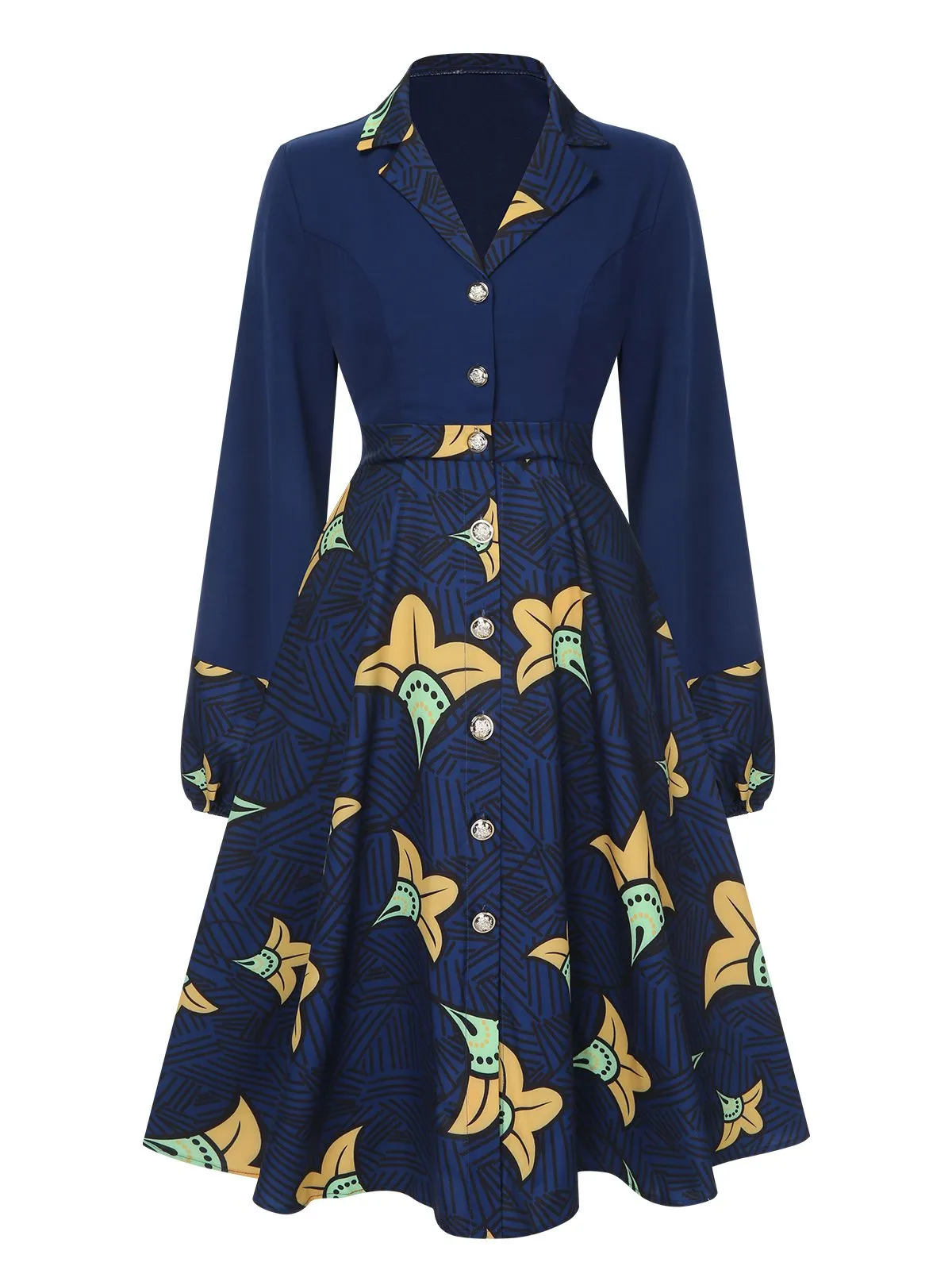 Dark Blue 1940s Lapel Cartoon Floral Dress sold by Retro Stage product image thumbnail 2