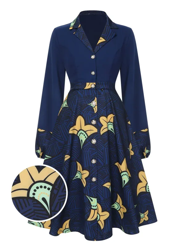 Dark Blue 1940s Lapel Cartoon Floral Dress sold by Retro Stage