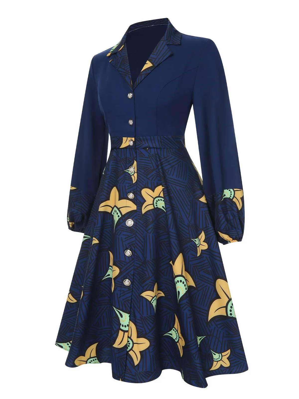 Dark Blue 1940s Lapel Cartoon Floral Dress sold by Retro Stage product image thumbnail 3