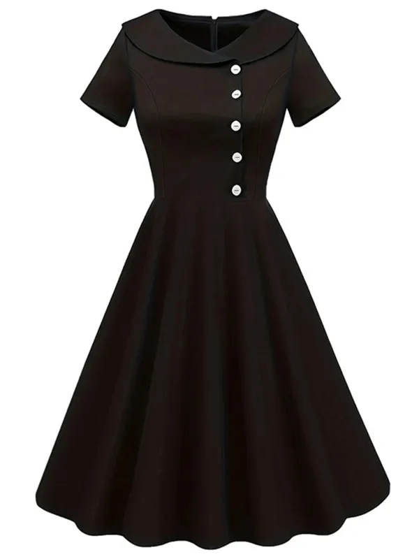 Black 1940s Solid Buttoned Lapel Dress sold by Retro Stage