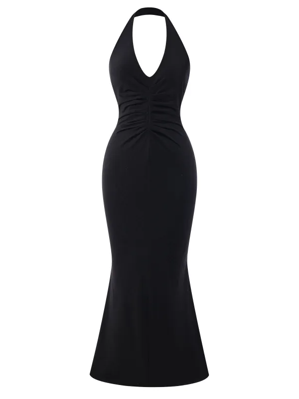 Black 1930s Solid V-Neck Halter Mermaid Dress sold by Retro Stage