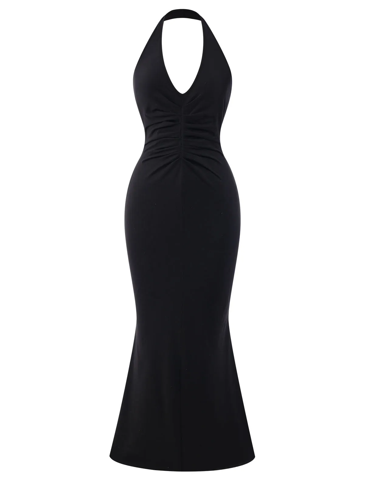 Black 1930s Solid V-Neck Halter Mermaid Dress sold by Retro Stage