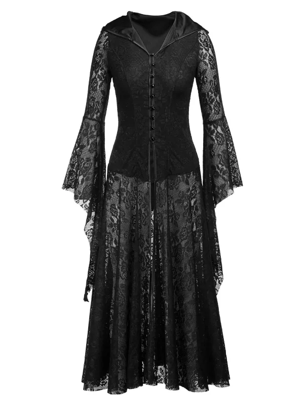 Black 1980s V-Neck Floral Lace Hooded Dress sold by Retro Stage