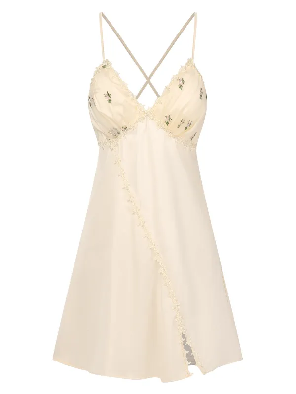 Apricot 1950s Floral Cross Straps Slit Nightgown sold by Retro Stage