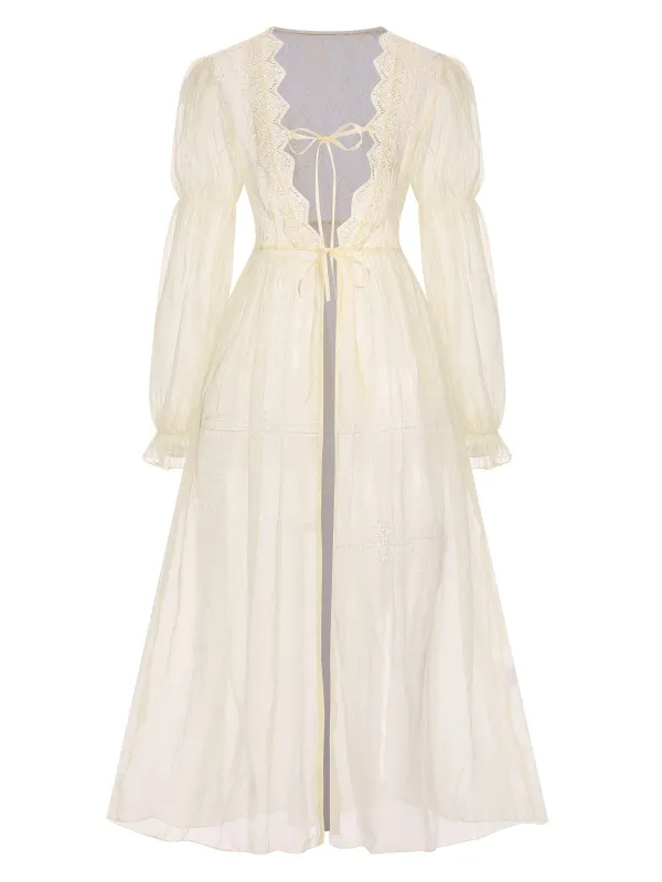 Apricot 1950s Royal Style Lace Trimmed Robe sold by Retro Stage