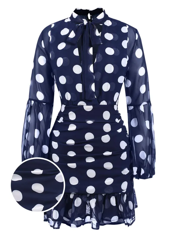 Dark Blue 1930s Polka Dots Hollow Out Ruffle Dress sold by Retro Stage