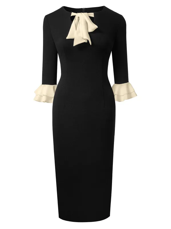 Black 1960s Colorblock Tie Neck Pencil Dress sold by Retro Stage