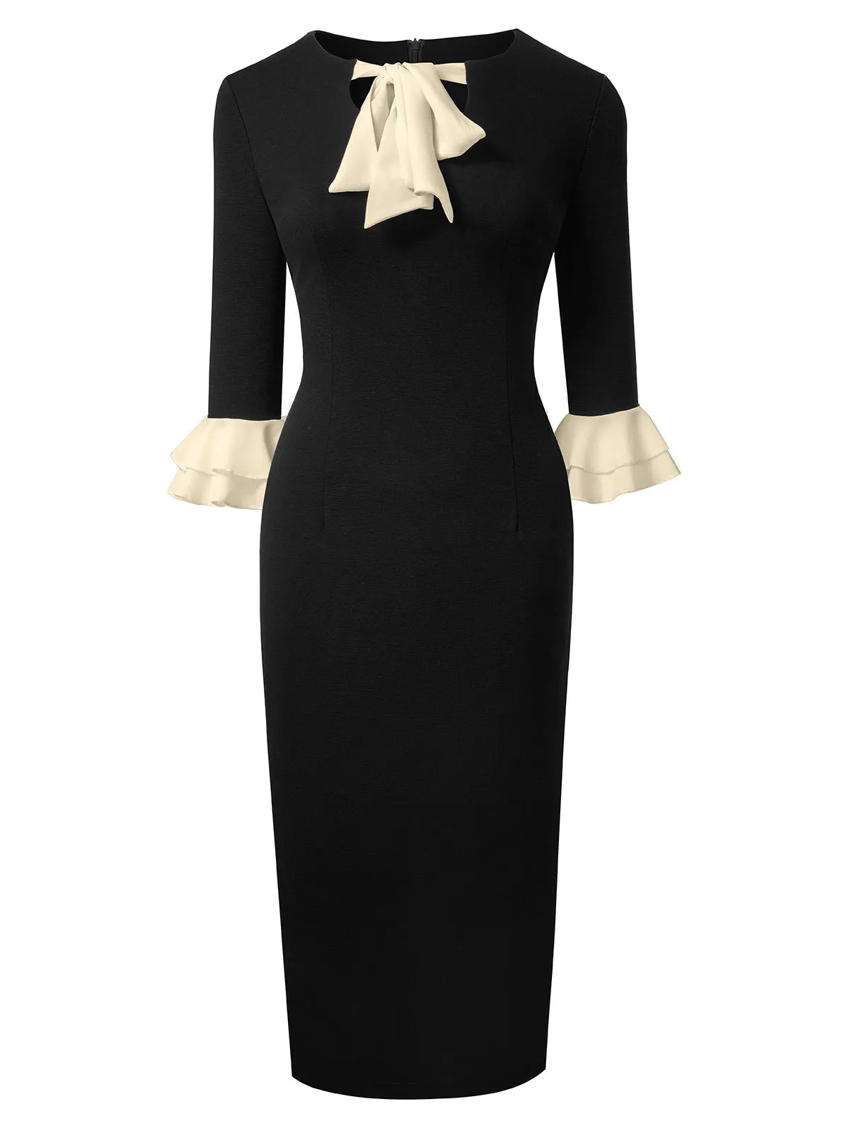 Black 1960s Colorblock Tie Neck Pencil Dress sold by Retro Stage