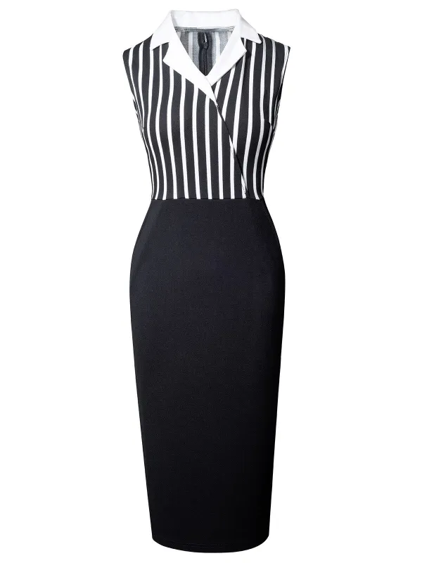 Black 1960s Striped Patchwork Lapel Pencil Dress sold by Retro Stage