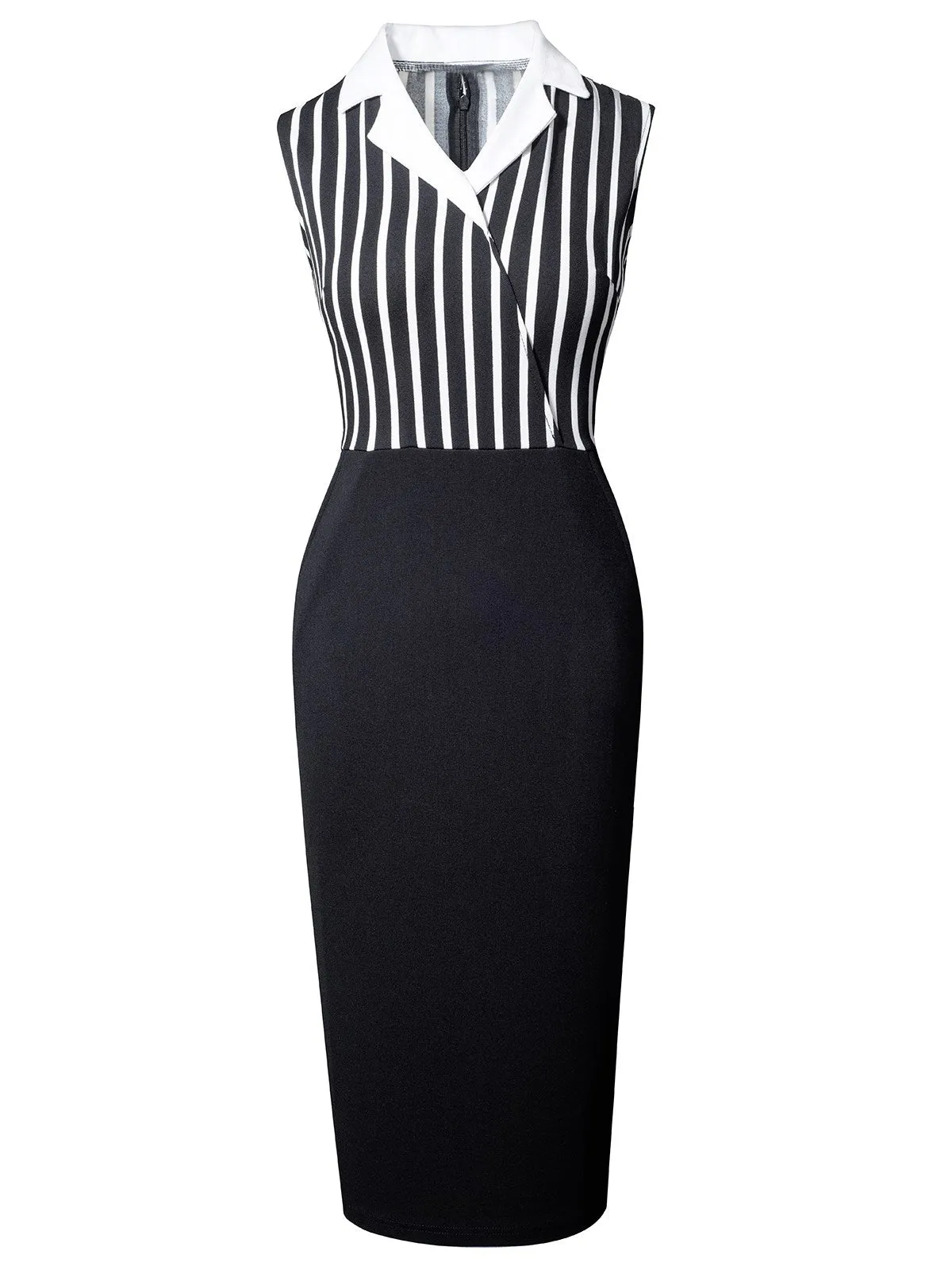 Black 1960s Striped Patchwork Lapel Pencil Dress sold by Retro Stage