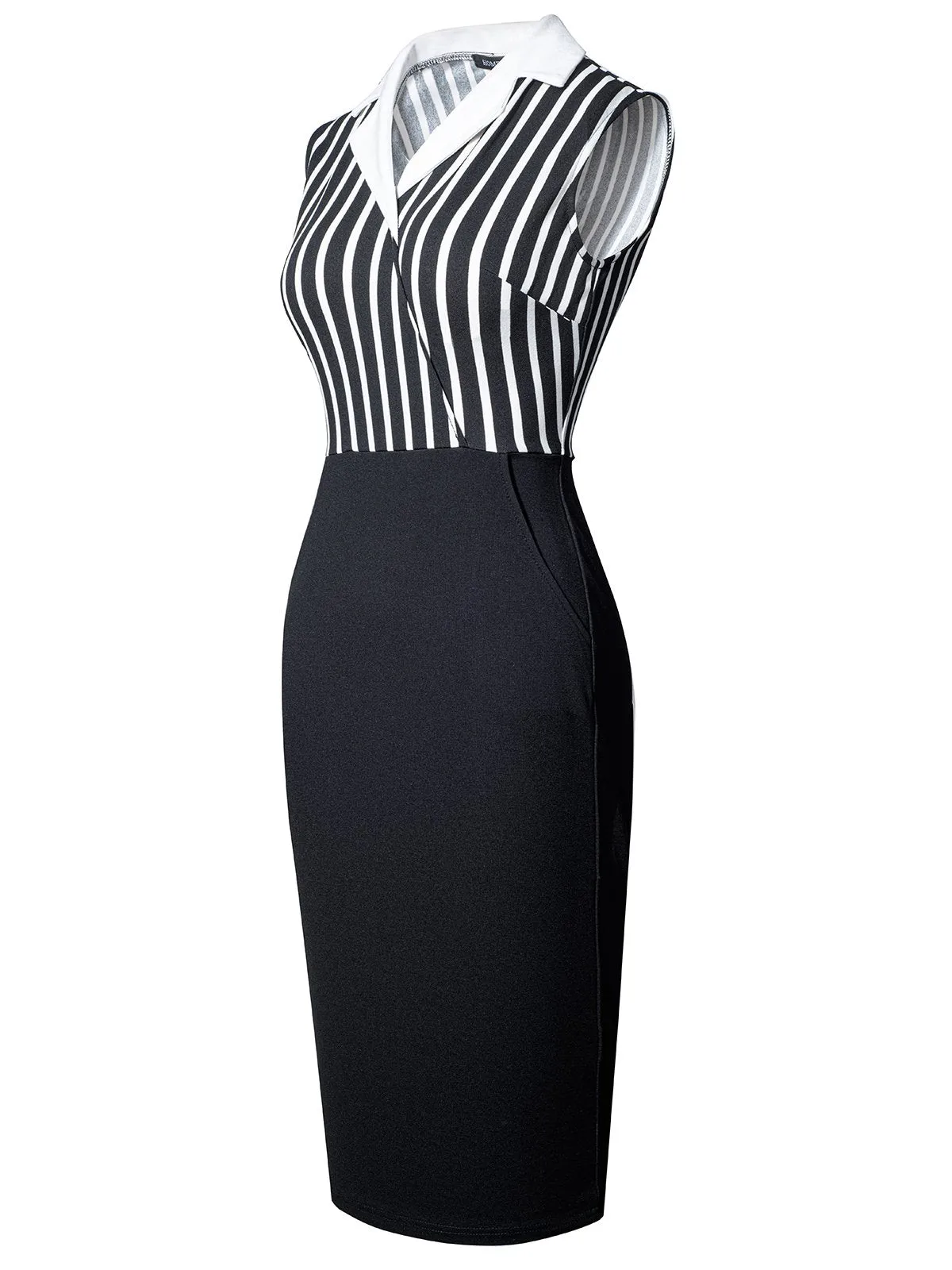 Black 1960s Striped Patchwork Lapel Pencil Dress sold by Retro Stage product image thumbnail 2