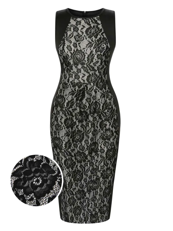Black 1960s Floral Lace Slit Sleeveless Dress sold by Retro Stage