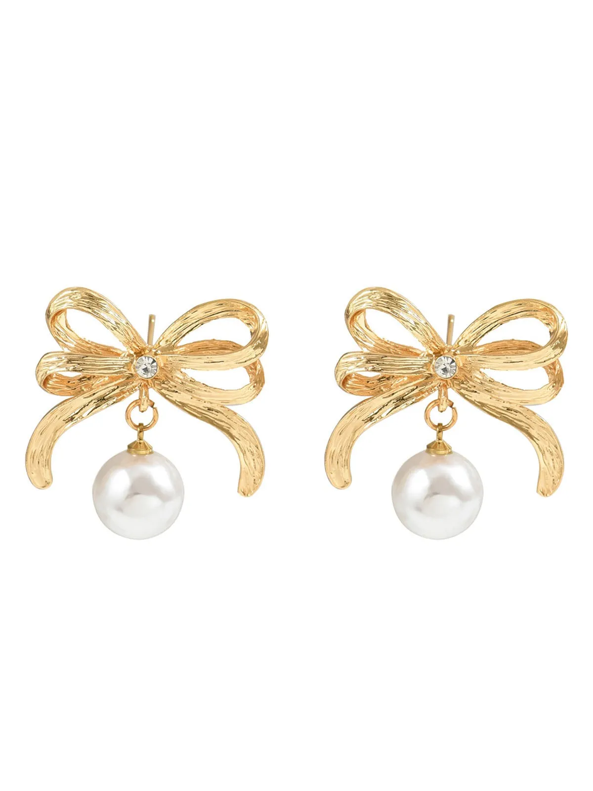 Gold Bowknot Pearl Alloy Drop Earrings sold by Retro Stage product image thumbnail 2