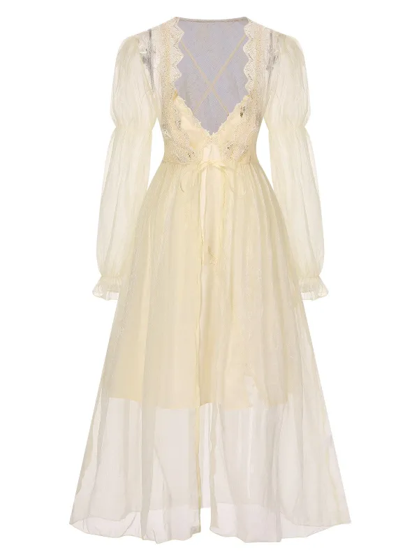 2PCS Apricot 1950s Floral Straps Slit Nightgown & Robe sold by Retro Stage